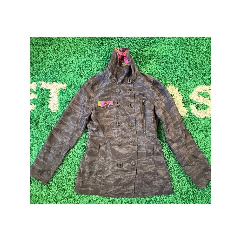 Hurley Jacket Womens Small Grey Camo Good Double Breasted Tiger Stripe Utility
